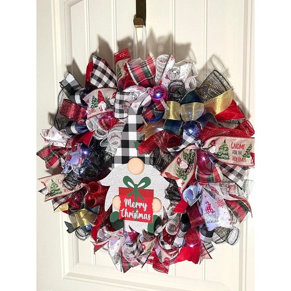 Handmade Merry Christmas Gnome Holiday Ribbon Door Wreath 22 ins W45 - Picture 2 of 12